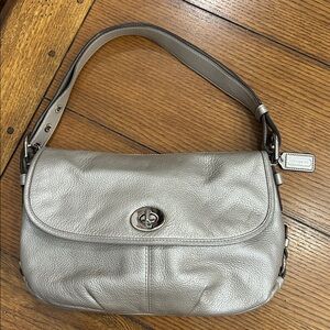 Coach Metallic Silver Leather Shoulder Bag with Turnlock